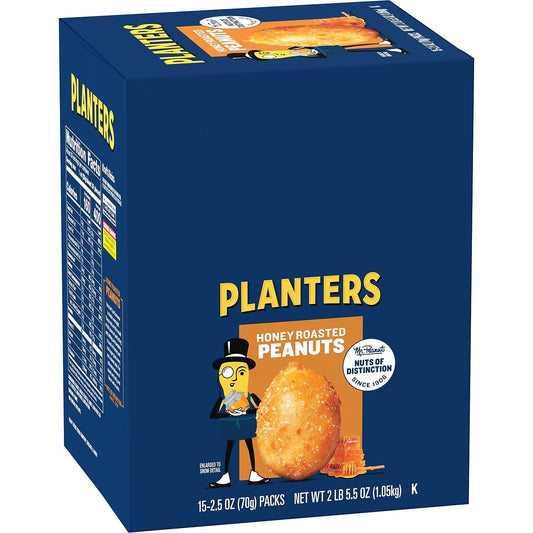 Golden honey roasted peanuts with a delicate sweet flavor, seasoned with sea salt. This 15 count box of Planters Golden Honey Roasted peanuts are great for snacking on-the-go with easy to handle 2.5 ounce packs for easier access. Enjoy individually sealed packs of sweet nuts with a salty edge.