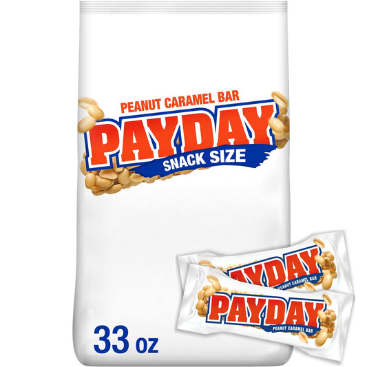 PAYDAY snack size peanut and caramel candy bars are two-bite versions of the PAYDAY treats you already know and love. These snack size candies are made with crunchy peanuts and creamy caramel for a taste that's sweet, salty and undeniably satisfying. Peanut candy lovers are sure to enjoy this bag that keeps on giving. Snack size PAYDAY candy bars are perfect for stuffing festive Christmas stockings, filling springtime Easter baskets and plastic eggs, creating Valentine's Day gift bags for everyone you love 