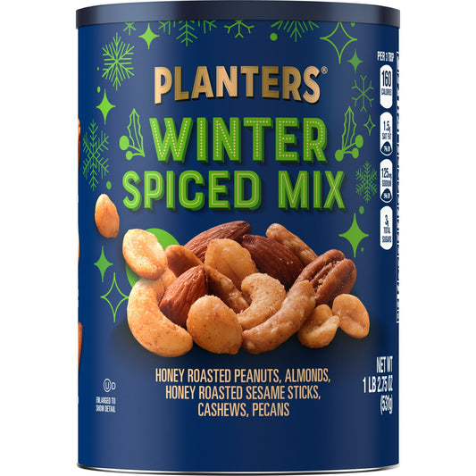 PLANTERS Winter Spiced Mix is a limited edition variety of sweet and savory nuts that are perfect for snacking. This winter mix includes honey roasted peanuts, almonds, honey roasted sesame sticks, cashews and pecans with a hint of sea salt. These certified Kosher nuts come in a resealable 18.75 ounce can to lock in flavor until you're ready to enjoy. Enjoy this nut mix at home with loved ones or serve them at a holiday party. Keep a can of mixed nuts at work so you always have a quick and easy snack ready 