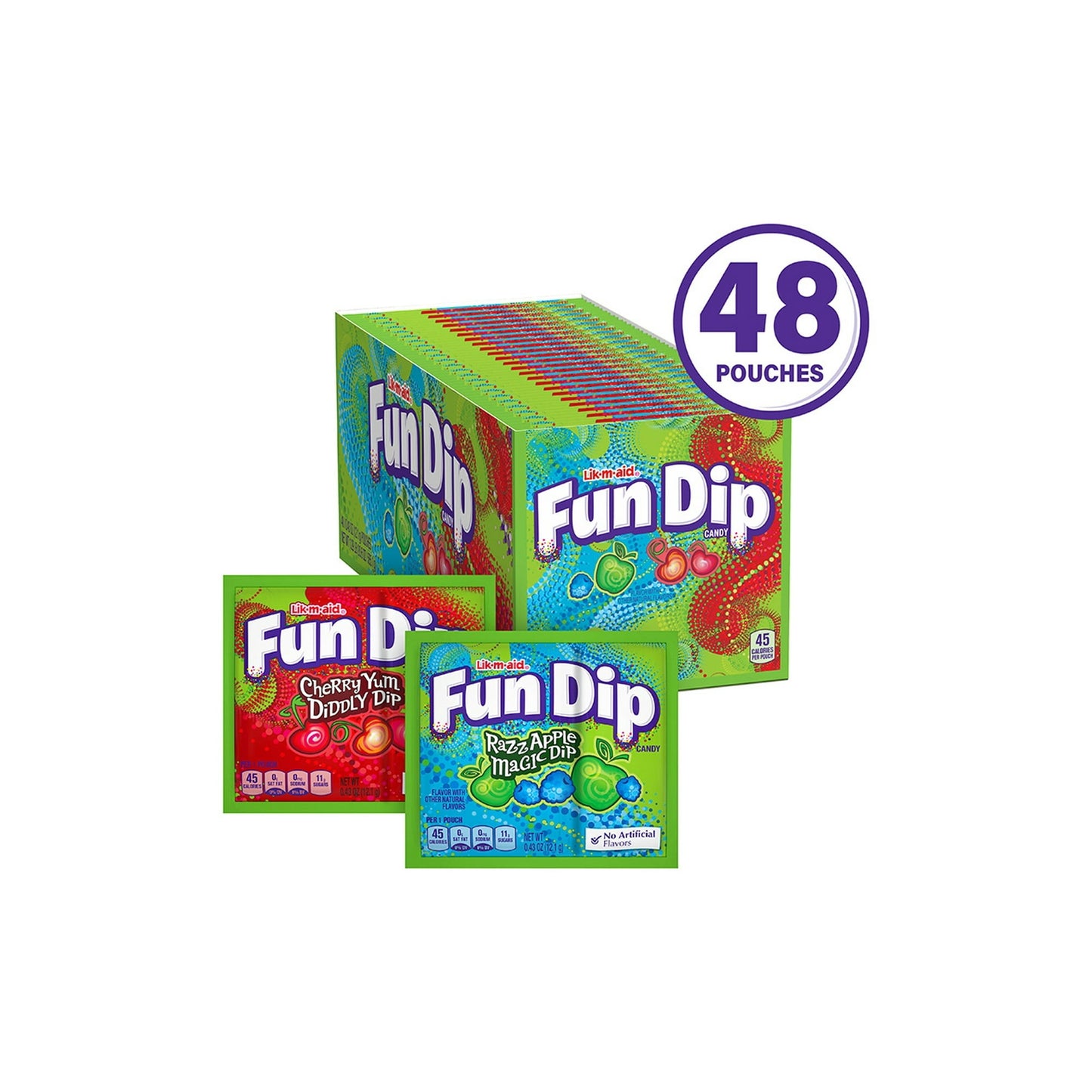 Lik M Aid Fun Dip is two candies in one, enjoy the dipping stick on it's own, or lick, then dip, in to the fruity flavored powder for an instant sugar rush! Each bulk candy box comes with 48 individual mini packs in two irresistible flavors, cherry or green apple. Give your coworkers something to talk, and laugh about, when you add this fun treat to the office candy jar or break room. Lik M Aid Fun Dip is a creation that could only be made by Wonka himself!