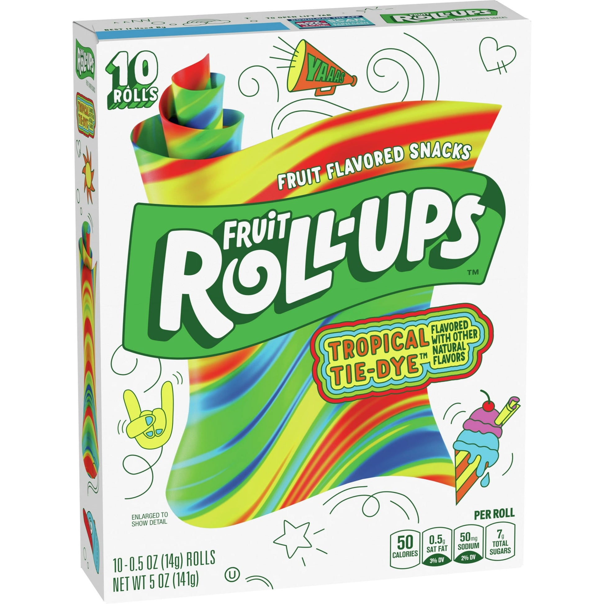 When you need a tasty snack for kids of all ages, choose the juicy goodness of Fruit Roll-Ups Tropical Tie-Die Fruit Flavored Snacks. Unwrap delicious fun with these delicious fruit flavored snacks. With wild flavors and colors, the possibilities for fun are endless. You've finally found the perfect after-school snack that's a win for you and your kids. Each roll comes with an assortment of tongue tattoos for wacky fun. Packaged for on-the-go convenience, Fruit Roll-Ups Fruit Flavored Snack pouches are the 