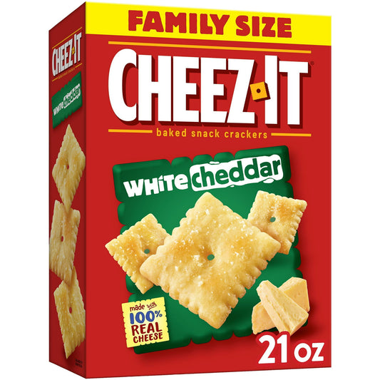 Outrageously cheesy and ridiculously craveable, Cheez-It baked snack crackers are deliciously crunchy little crackers that have captured cheese-lovers for decades. Discover a crowd-favorite snack made with 100% real cheese baked to crispy perfection for an irresistible white cheddar taste in every crunchy bite. Each lightly salted cracker is loaded with a burst of cheesy flavor; Cheez-It baked snack crackers are a fan-favorite for game night, school snacks, family movie nights, party spreads, late-night sna