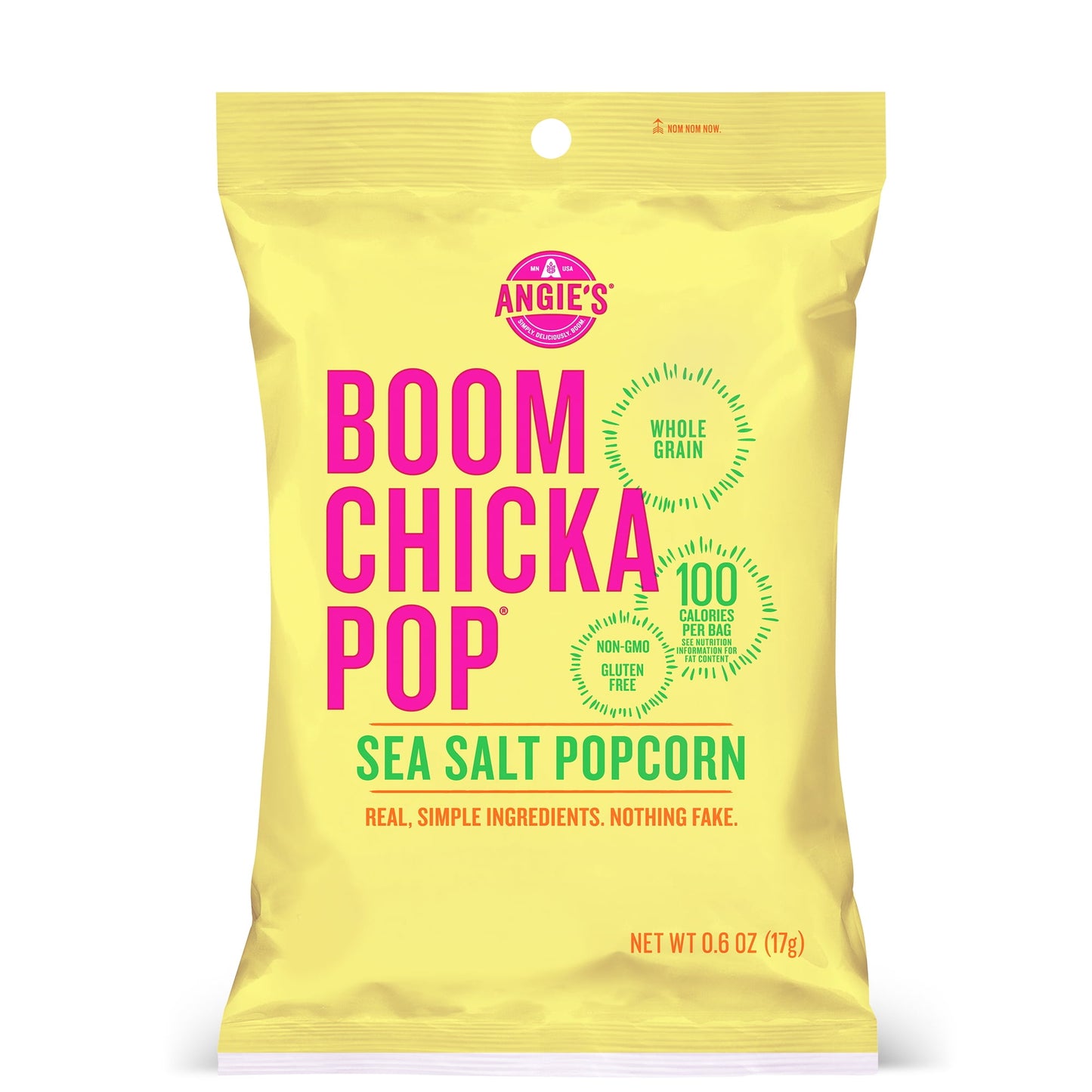 Grab a snack-size bag of Angie's BOOMCHICKAPOP Sea Salt Popcorn for a convenient snack made with real, simple ingredients. This whole-grain, non-GMO popcorn is a flavorful, gluten-free and vegan snack with 80 calories per bag and 0 grams trans fat per serving. Enjoy delicious pre-popped popcorn for a salty snack that's ready to eat right out of the bag. This salted popcorn is perfect for lunch boxes, road trips and afternoon snacks. Order an individual bag of Angie's BOOMCHICKAPOP Popcorn for a pop of posit