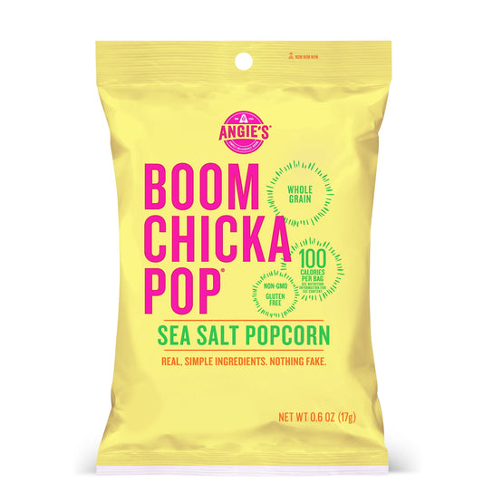 Grab a snack-size bag of Angie's BOOMCHICKAPOP Sea Salt Popcorn for a convenient snack made with real, simple ingredients. This whole-grain, non-GMO popcorn is a flavorful, gluten-free and vegan snack with 80 calories per bag and 0 grams trans fat per serving. Enjoy delicious pre-popped popcorn for a salty snack that's ready to eat right out of the bag. This salted popcorn is perfect for lunch boxes, road trips and afternoon snacks. Order an individual bag of Angie's BOOMCHICKAPOP Popcorn for a pop of posit