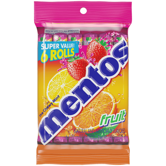 Keep the flavor going with the Mentos Assorted Fruit Flavor Chewy Candy Rolls. This multi-pack includes 6 sleeves of candy, so you can keep one at your desk, in the car, or in your bag. Mentos Chewy Mints are offered in several refreshing flavor varieties. Mentos Fruit has a mix of strawberry, orange and lemon for a sweet taste sensation. This is a must-have for any afternoon snack or a snack anytime of the day! Peanut and tree nut free. Regular size pieces. Individually wrapped filled rolls.