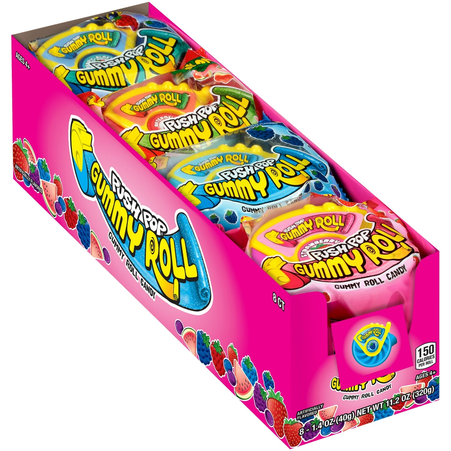 Push Pop Assorted Fruit Flavored Gummy Roll Candy, 8-Count Variety Pack 11.2oz Tray includes 8-1.4 oz Regular Size Push Pop Gummy Rolls in 4 assorted kid-favorite flavors - Strawberry, Blue Raspberry, Watermelon, and Tropical Rainbow. Perfect for party favors, birthday parties, and other celebrations. Push Pop Gummy Roll is a delicious, sweet gummy candy with a light sprinkle of sour sugar that comes in a fun, portable easy-to-use dispenser. Disclaimer: Not for children 3 and under. Contains wheat. May also