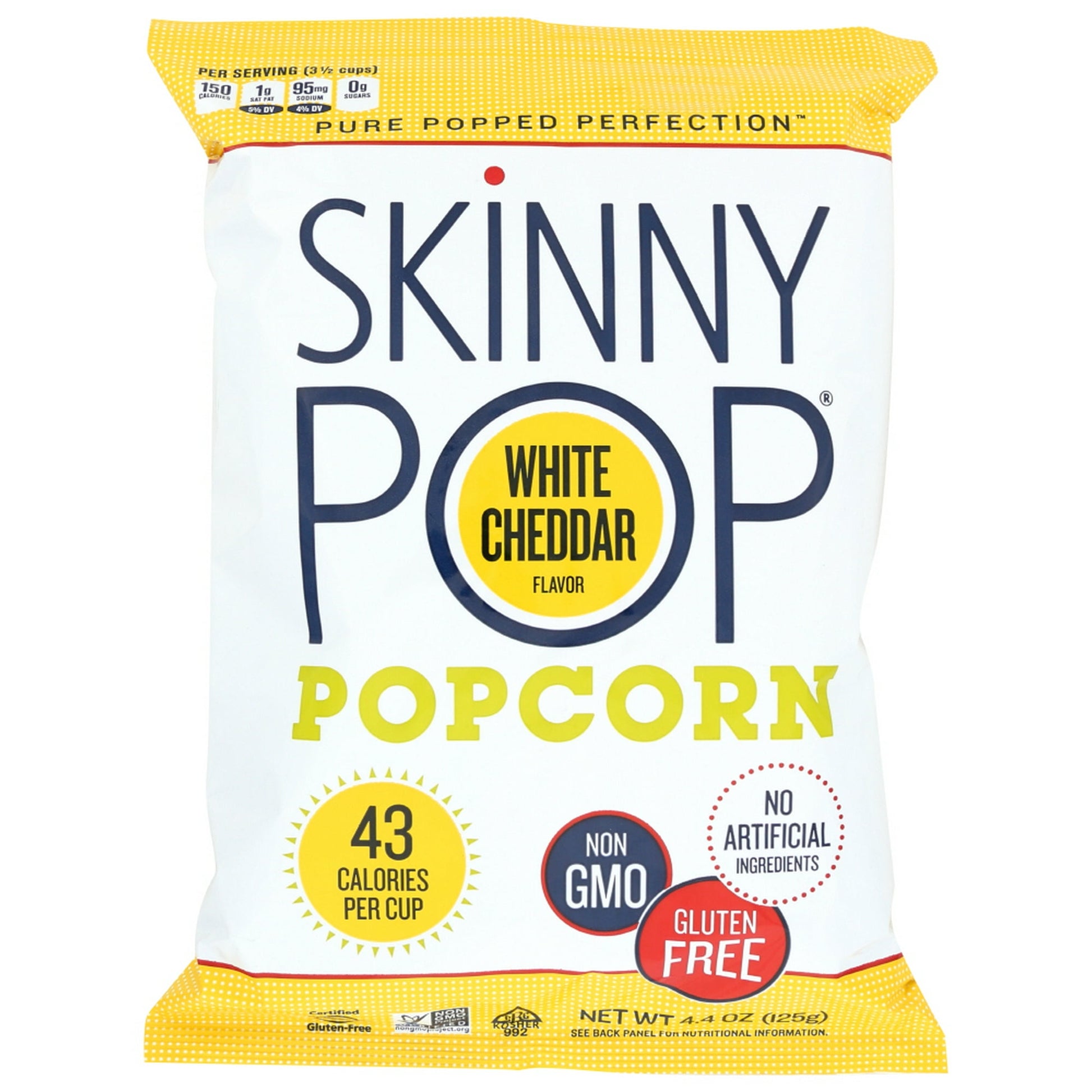 SKINNYPOP WHITE CHEDDAR POPCORN IS THE GUILT-FREE SNACK WITH DAIRY-FREE WHITE CHEDDAR FLAVOR. THIS DELICIOUS VEGAN POPCORN CONTAIN 150 CALORIES PER SERVING. WE BELIEVE IN SNACKING WITHOUT COMPROMISE. TO US, THAT MEANS USING THE CLEANEST, FEWEST AND SIMPLEST INGREDIENTS POSSIBLE TO BRING YOU THE BEST TASTING POPCORN. INCLUDES ONE 4.4 OZ. BAG OF SKINNYPOP WHITE CHEDDAR POPCORN. SKINNYPOP STARTS WITH A PREMIUM POPCORN KERNEL, SUNFLOWER OIL AND THE PERFECT AMOUNT OF SALT. FROM THERE, "PURE POPPED PERFECTION" SA