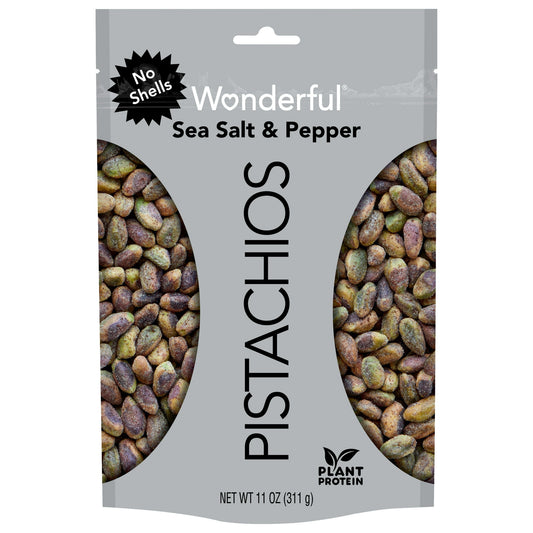 Wonderful Pistachios have literally come out of their shells. Same delicious taste, but with a little less work for you. Wonderful Pistachios are a smart, healthy choice for folks around the world. Add a dash of excitement to your snackin’ routine with Sea Salt & Pepper Wonderful Pistachios No Shells. Bold sea salt and spicy black pepper combine to give a little kick to the nutty goodness of the pistachios. Ditch the crackin’ and get snackin’