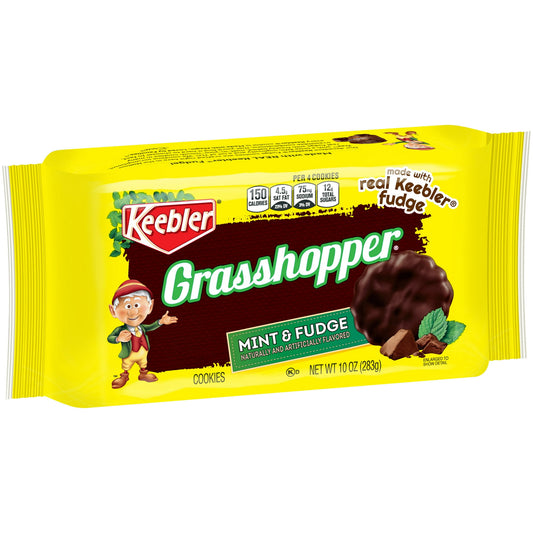 Make snack time more fun with the Keebler Elves and a batch of delicious Keebler Grasshopper Cookies Mint & Fudge. These delightful treats are fresh from the Hollow Tree and feature delicious fudge-flavored cookies infused with mint and covered with a chocolatey coating for decadent snacking. These yummy cookies are made with pantry-perfect staples like enriched flour and real cocoa for a satisfying anytime dessert treat. No matter your age, Keebler Grasshopper Cookies Mint and Fudge are perfect for snacks 