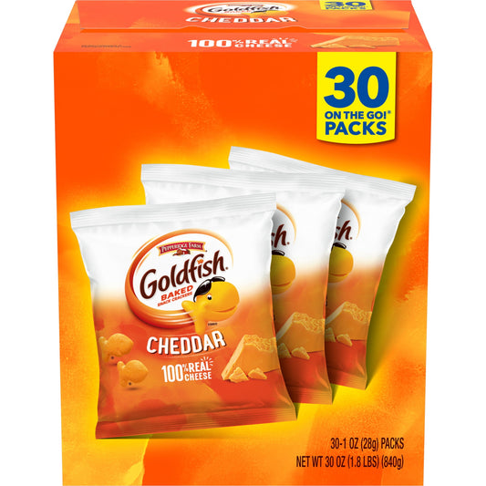 The irresistible little snack that always delights! These munchable, crunchable Goldfish Cheddar snack crackers are always baked. They’re made with 100% real Cheddar cheese and no artificial flavors or preservatives. Talk about a feel-good crunch! These playful, tasty bites make snack time something to look forward to. Goldfish Cheddar snack crackers are great for lunch as well as munching. You can add them to soups or add them as a side with your sandwich. That’s all it takes to whip up a meal that’s tasty