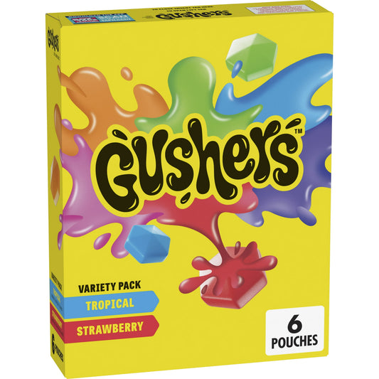 Gushers are bursting with fun! Gushers have a juicy center that bursts open with yummy liquid. Enjoy delicious Gushers Fruit Flavored Snacks in Strawberry and Tropical flavors. These individually wrapped snack bags are the perfect treat to include in a packed school lunch box. The tasty gummy treats are made without gluten or gelatin, and are a good source of vitamin C. These Fruit Flavored Snacks are an ideal addition to your pantry and a snack every member of the family will love. Variety Pack contains 6 