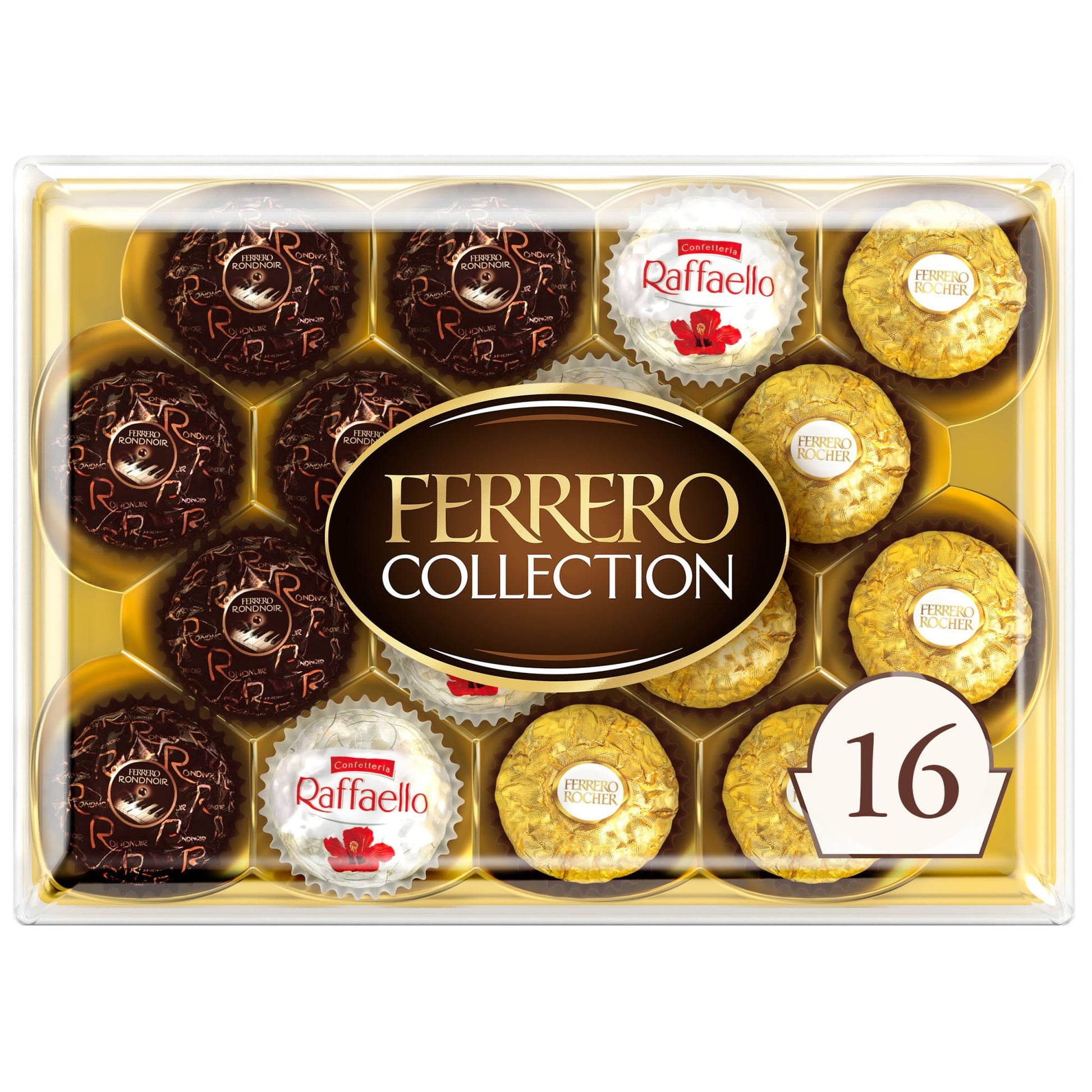 If you love Ferrero Rocher, you will love this 16-count Ferrero Collection chocolate gift box. An exquisite collection of delicious confections crafted from milk and dark chocolate as well as coconut almond truffles, the Ferrero Collection gift box features original, iconic Ferrero Rocher, lusciously layered Raffaello and delicious dark chocolate Rondnoir truffles. Each and every piece is made from the highest-quality ingredients and presented in an elegant diamond-cut gourmet chocolate gift box. There is s