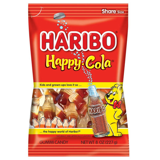 HARIBO Happy Cola Gummi Candy, Thin, 8 oz, Tiny bottles of Big Cola Flavor! Quench your thirst for delicious cola flavor with the classic taste of Happy-Cola! Pop the top off some Happy-Cola for an explosion of flavor that can’t be contained! Kids and grown-ups love it so, the happy world of HARIBO® 1 Count.