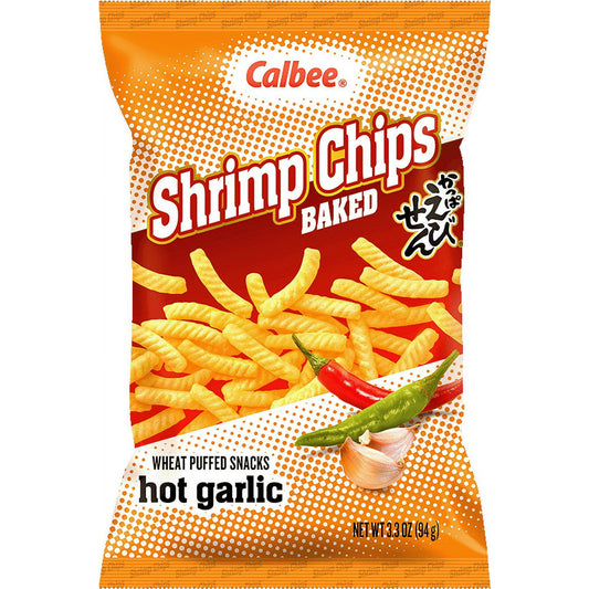 Experience the bold, spicy flavor of Calbee Shrimp Chips Hot Garlic 3.3 oz, a delicious twist on a classic with over 60 years of tradition. Made with whole, wild-caught shrimp, these crispy puffs are baked to perfection, delivering a satisfying crispy-crunch and a fiery kick from the hot garlic and chili seasoning. The unique blend of savory shrimp, spicy garlic, and just the right amount of heat creates a satisfyingly tasty snack that’s hard to resist. The balance of shrimp, wheat flour, and vegetable oil 