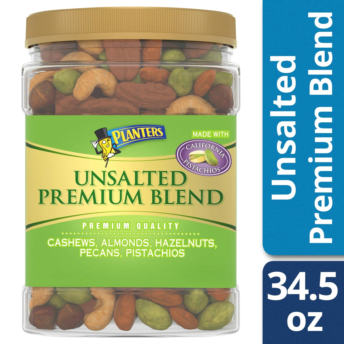 PLANTERS Premium Blend Roasted Mixed Nuts upgrade your snacking to a tasty level. This 34.5 ounce container of mixed nuts contains a crunchy and delicious blend of cashews, almonds, hazelnuts, pecans and pistachios that are lightly roasted to enhance their flavor and unsalted to allow the freedom to snack without extra salt intake. With 0 grams of trans-fat per portion, PLANTERS plain mixed nuts are a snack anyone can feel good about serving. These Kosher-friendly roasted unsalted nuts come in a resealable 