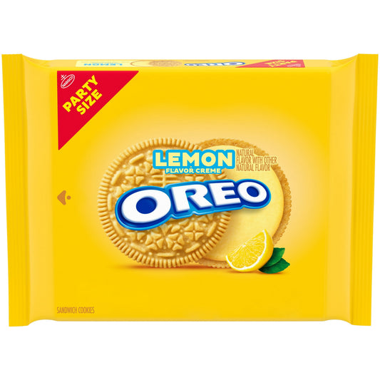 Take a delicious break with OREO Lemon Creme Golden Sandwich Cookies. Supremely dunkable, these Lemon flavored creme and crispy vanilla wafer cookies adds a citrus twist to OREO sandwich cookies. OREO lemon flavored creme cookies are a sweet treat that's great for serving at parties or packing with lunch for school or work. You can even mix these sweet snacks into your favorite dessert recipe for a sweet lemon twist. The resealable bulk pack with easy-pull tab keeps these lemon cookies fresh and makes them 