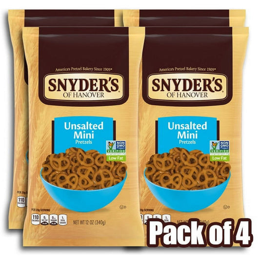 Snyder's of Hanover Unsalted Mini Pretzels offer all the delicious flavor of traditional pretzels with less sodium. This crunchy, bite-size snack is also fat free! They're perfect for snacking at home or on-the-go, they also pair well with your favorite dips. Made in a facility that does not process peanuts, they're the perfect school snack. Stock up your office or pantry with this value pack!