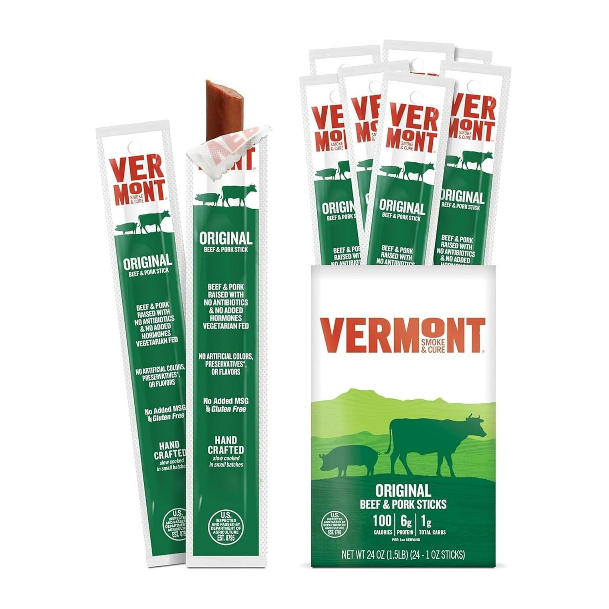 HEALTHY SNACKING STRAIGHT FROM VERMONT—24 PACK OF 1 OZ ORIGINAL BEEF & PORK JERKY STICKS Craving a delicious protein-to-go snack? Vermont Original Beef & Pork Sticks is the treat for you! These tasty meat sticks are carefully smoked in-house using natural hardwood maple and hickory chips, creating a bold, rich flavor combination. Infused with simple ingredients like fresh cracked pepper, garlic and mustard seed it’s a fan favorite. Each 1 oz meat stick packs 6 grams of protein and only 1 gram of carbs into 