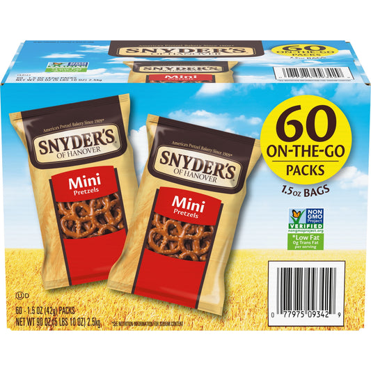 Snyder’s of Hanover Mini Pretzels slow bake the big flavor of traditional pretzels into an irresistible bite-size snack. They bring the delicious enjoyment and crunch you crave - no wonder they’re everyone’s favorite. Not only are they delicious, but everyone can feel good about enjoying this Non-GMO Project Verified snack, which happen to be made in a facility that doesn’t process peanuts. That makes them ideal for school, lunches, sports or on the go. Snyder’s has been America’s Pretzel Bakery since 1909 