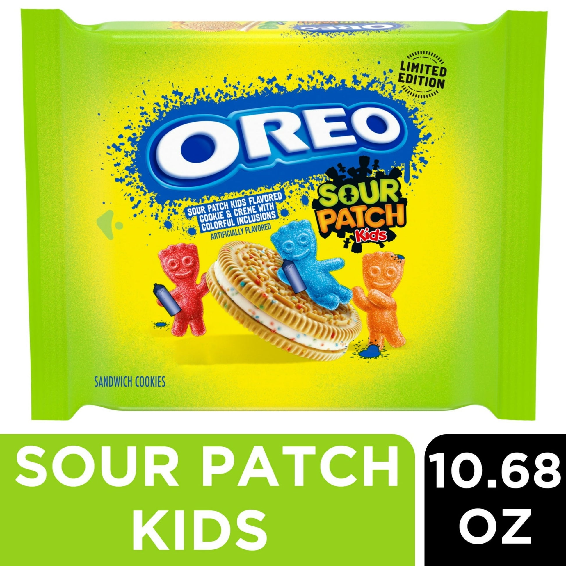 OREO SOUR PATCH KIDS Sandwich Cookies bring together two playful brands in a perfectly blended sweet and sour mix of flavors and lively colors. These limited edition snack cookies feature a unique SOUR PATCH KIDS-flavored cookie and creme with colorful inclusions, plus the signature OREO cookie embossment. These tasty and fun snacks make wonderful birthday treats or movie snacks. Enjoy these sour and sweet snacks on their own or with a glass of milk. The resealable package with its easy-pull tab keeps these