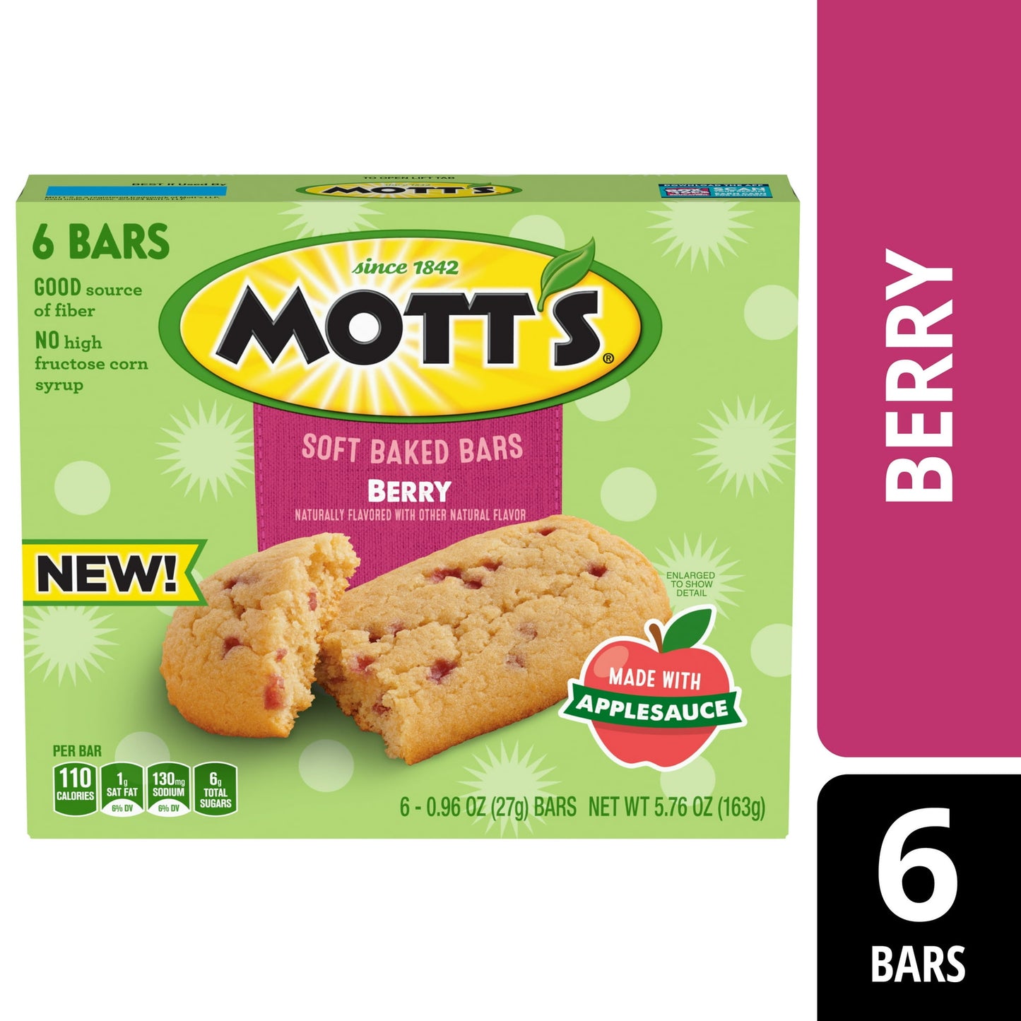 Take soft baked goodness wherever your day takes you! Mott's Berry Flavor Soft Baked Bars combine an irresistibly soft texture and delicious berry taste with the ease of an on the go bar. Whether you make it a morning snack, bite at the office, or an after school treat, each serving is a good source of fiber, has no high fructose corn syrup, and is made with applesauce. Stock your pantry with these individually wrapped bars for a quick and easy anytime snack for adults or kids. Pair Mott's Soft Baked Bars w