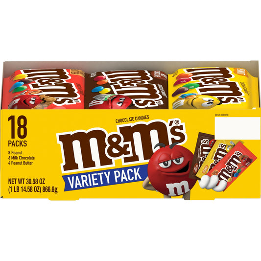 Can't choose between Peanut M&M'S Candy, M&M'S Milk Chocolate Candy and Peanut Butter M&M'S Candy? Get everyone's favorites with this M&M'S Chocolate Variety Pack. Perfect for gift baskets, movie theater candy, party treats or sharing with friends and coworkers. M&M'S Chocolate Candy Assortment are also a great way to add colorful fun to your favorite desserts. Make everyday celebrations more delicious with M&M'S Variety Packs. Don't forget to add M&M'S Candy in your next celebration including your Trick-or