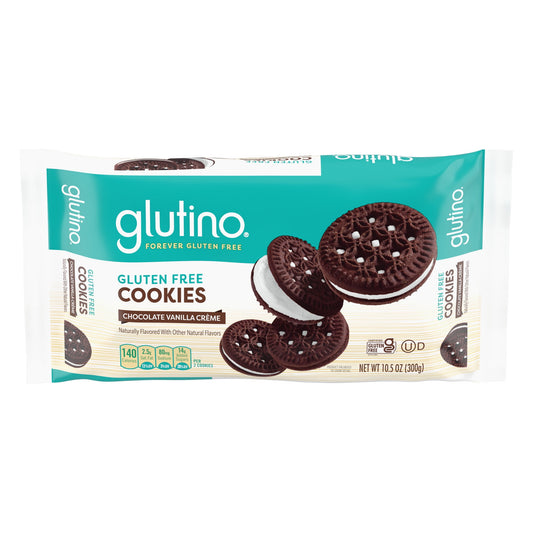 When you're craving a classic chocolate cookie but want to stick to a gluten free snack, Glutino Gluten Free Chocolate Vanilla Crème Flavored Sandwich Cookies are the perfect choice. These delicious chocolate cookies have a crispy chocolate flavored exterior with a creamy vanilla flavored middle, and make the perfect companion to a glass of milk or bowl of gluten free ice cream. Finally, a chocolate dessert that's so yummy, you'll forget it is gluten free. Glutino cookies are available in a variety of flavo