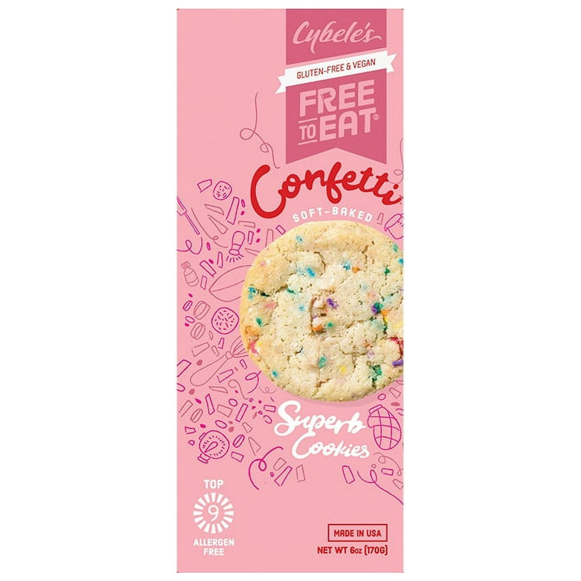 Forget everything you think you know about cookies because Cybele's Free to Eat has reinvented everyone's favorite treat. Cybele's Soft-Baked Confetti cookies are clean, wholesome, and flavorful mini treats that happen to be allergy-friendly, gluten-free, vegan, and free from artificial preservatives, colors, flavors, and non-GMO. Top 9 Allergen Free. This is a snack that leads with deliciousness and can be enjoyed by the entire family. Each 6-ounce carton contains 12 soft-baked cookies.