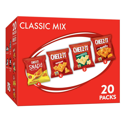 Outrageously cheesy and perfectly portable, these pouches of Cheez-It baked snack crackers and cheese cracker chips contain deliciously crunchy crackers that have captured cheese-lovers for decades. This variety pack includes Original, White Cheddar, and Extra Toasty plus Cheez-It Snap'd Double Cheese flavors, enough flavors to satisfy any snack craving. Each crisp is loaded with bold cheesy flavor. These Cheez-It crackers are conveniently packaged for on-the-go snacking; Cheez-It cheese crackers are an on-