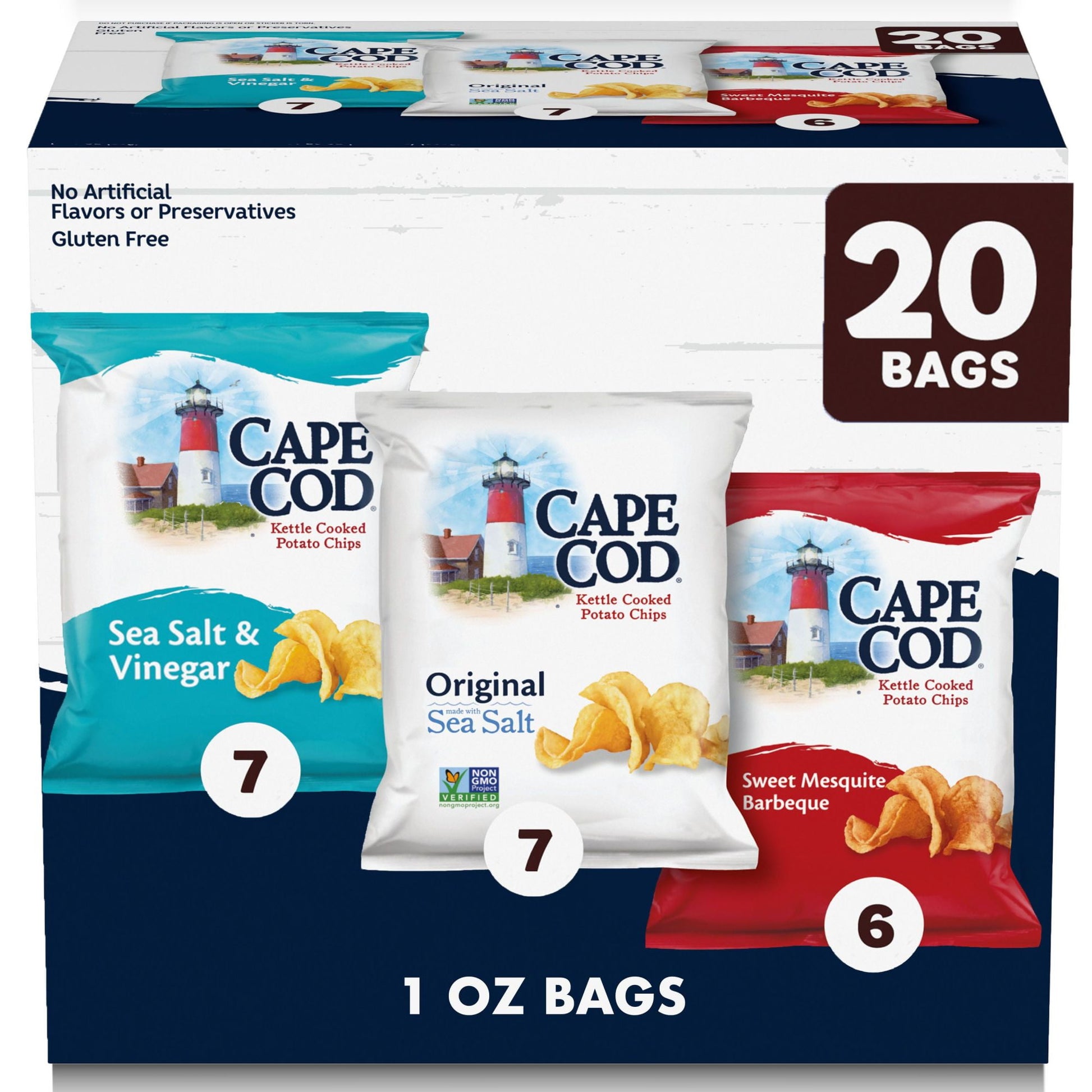 Get all of Cape Cod Kettle Chips top flavors in our delicious, 20-count variety pack: Sea Salt & Vinegar, Original, and Sweet Mesquite Barbeque. Choice Cape Cod kettle-cooked potato chips are made with carefully selected potatoes, oil, and salt, along with special, unique seasonings. We take choice potatoes and slice them perfectly, then they’re cooked one batch at a time in custom kettles at precisely the right temperature until they reach a golden-amber hue. Unique shapes and folds mean one-of-a-kind chip