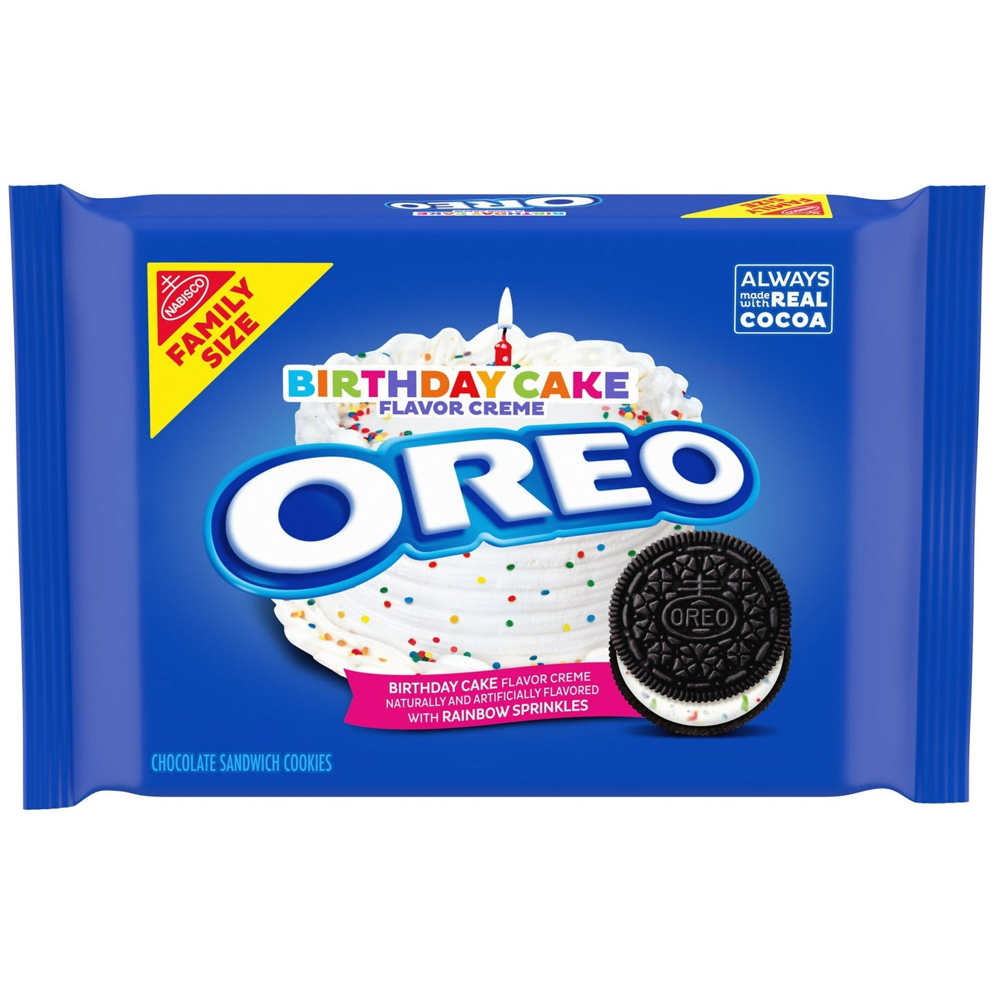 OREO Birthday Cake Chocolate Sandwich Cookies are the classic OREO cookies you’ve always loved with a delicious and festive twist. These chocolate sandwich cookies are Always Made with Real Cocoa and filled with a sweet birthday cake flavored creme and colorful sprinkles that’ll make you want to celebrate everyday. OREO birthday cake cookies are great for sharing with friends, serving at parties, or dunking in a glass of cold milk. The resealable package with easy-pull tab keeps birthday cookies fresh and i