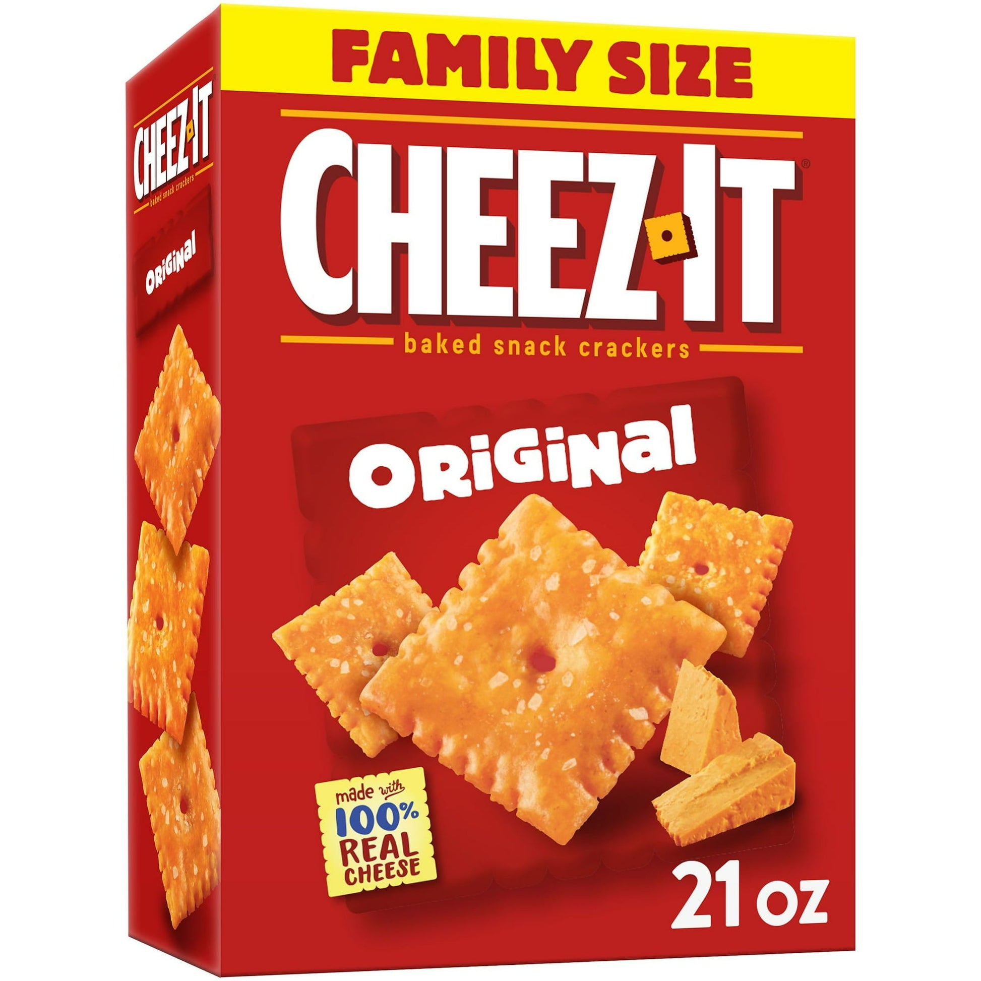 Outrageously cheesy and ridiculously craveable, Cheez-It baked snack crackers are deliciously crunchy little crackers that have captured cheese-lovers for decades. Discover a crowd-favorite snack made with 100% real cheese baked to crispy perfection for an irresistible taste in every crunchy bite. Each lightly salted cracker is loaded with a burst of cheesy flavor; Cheez-It baked snack crackers are a fan-favorite for game night, school snacks, family movie nights, party spreads, late-night snacking, and so 