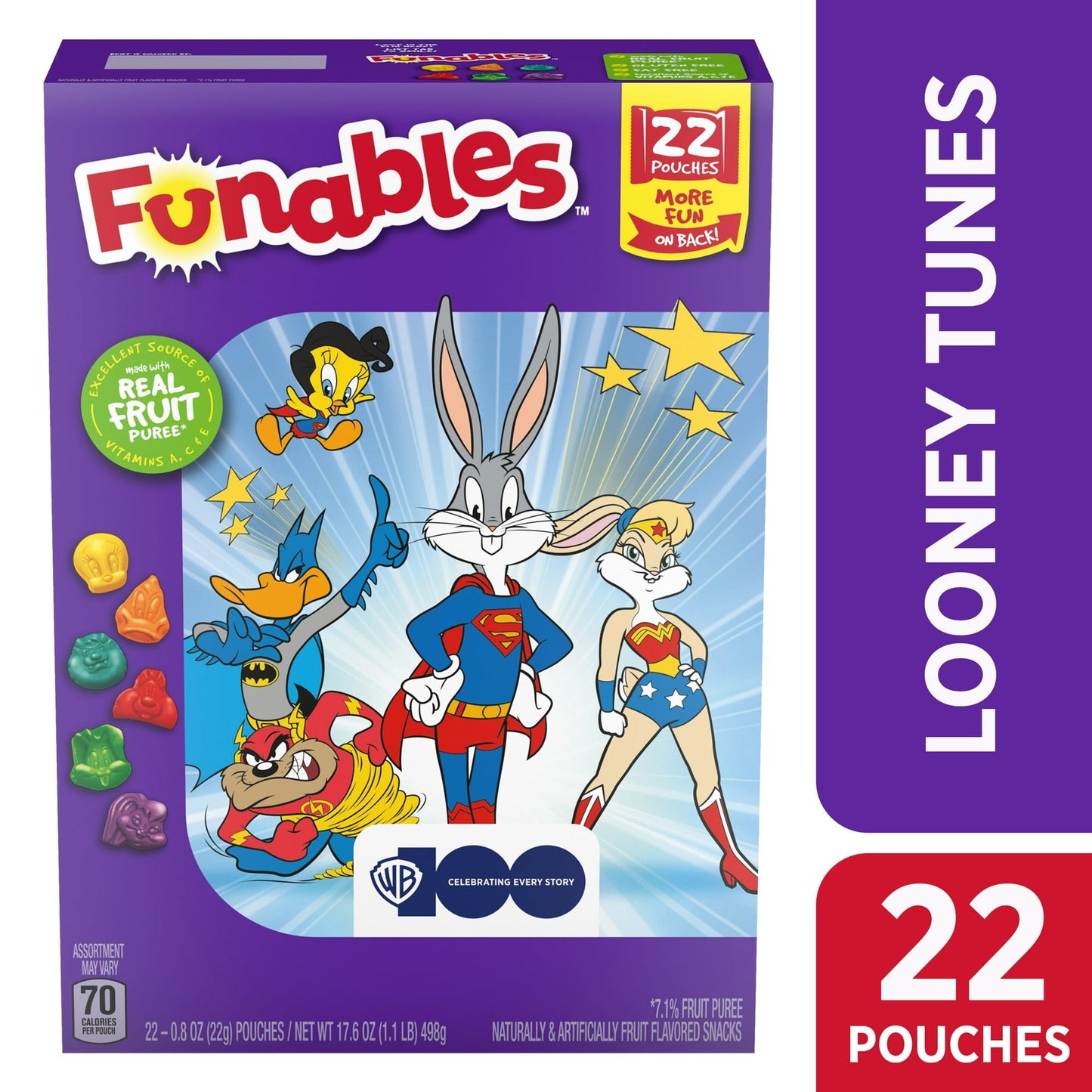 Funables Fruity Flavored Snacks – are bringing you snacks of the most berry delicious family-sized proportions. Each box includes an assortment of 22 individually wrapped 0.8-ounce pouches of gummy fruit snacks. Every little bag you open has a delicious variety of fruit-flavored snacks inside waiting to be discovered and picked by you. What flavor do you think your favorite berry gummy will be? As you try them all, chew on this. These chewy, fruity gummies are made with 7.1% real fruit puree. They're fat fr