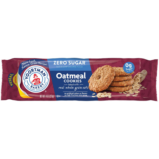 VOORTMAN Bakery Zero Sugar Oatmeal Cookies make snack time so much better with scrumptious, whole grain oats. These wonderful treats come in a resealable package and are baked with whole grain oats for a taste everyone will enjoy. Treat yourself to a classic, fan-favorite sugar-free crunchy cookie without any artificial colors, flavors, or high-fructose corn syrup. Pull out your pack and take out a few to enjoy any time of day, whether it's morning, mid-afternoon, or late at night. Pour yourself a cold glas