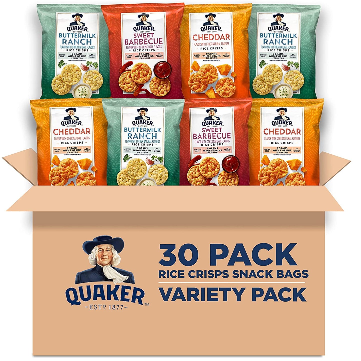 Includes 30 (0.67oz) bags of Quaker Rice Crisps, Cheddar, Sweet Barbecue, and Buttermilk Ranch flavors. Now you can have all of your favorite savory flavors in one pack. Get acquainted with our Gluten Free rice crisps drenched in bold BBQ, rich cheddar cheese or tangy ranch flavors. Try topping with peanut butter, fruits, vegetables, cheese, your favorite dips, and more! A great way to snack.