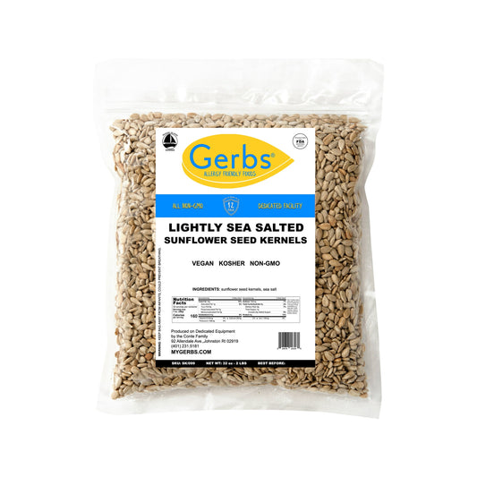 Gerbs light Sea Salted Sunflower Seed Kernels, country of Origin - USA. Produced on 100% Dedicated Packaging Equipment. 2 Pounds of sunflower kernels packaged in re-sealable zipper high barrier food grade poly bags yielding a shelf life of 1 year without using any preservatives. This product is Allergen Free, 100% All-Natural/NON-GMO, Vegan, and Kosher. Simply, there are no other Sunflower Seeds on the market as fresh as Gerbs, which taste like homemade seeds.