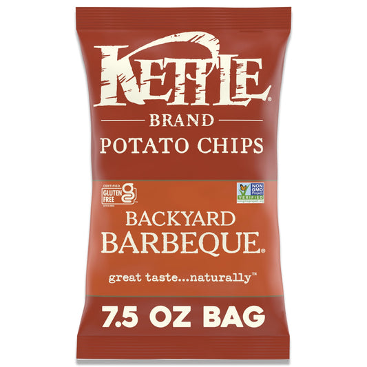 Give your taste buds bold summertime flavor with Kettle Brand Backyard Barbeque Kettle Potato Chips. These kettle cooked BBQ chips have a taste everyone loves - smoky, spicy, tangy and sweet. They’re extra saucy with a flavor that perfectly captures the vibe of a summertime barbeque. Cut perfectly from whole potatoes, our BBQ kettle chips deliver the delightful crunch you crave. All of our kettle cooked chips are Certified Gluten Free and Non-GMO. This 7.5-ounce bag contains about 8 servings of barbecue chi