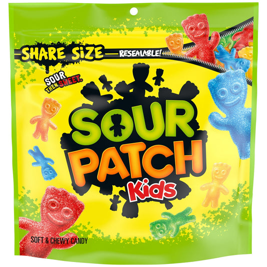 SOUR PATCH KIDS Soft & Chewy Candy packs all the classic flavor into a mischief-filled soft candy. Each bag contains sour candies in signature assorted fruit flavors that create a SOUR THEN SWEET treat. A fat free food, this fruit flavored candy makes a great sour treat for multiple occasions. Enjoy these sour gummy snacks whenever you want a SOUR THEN SWEET treat by keeping a package on-hand for quick snacks or party favors.