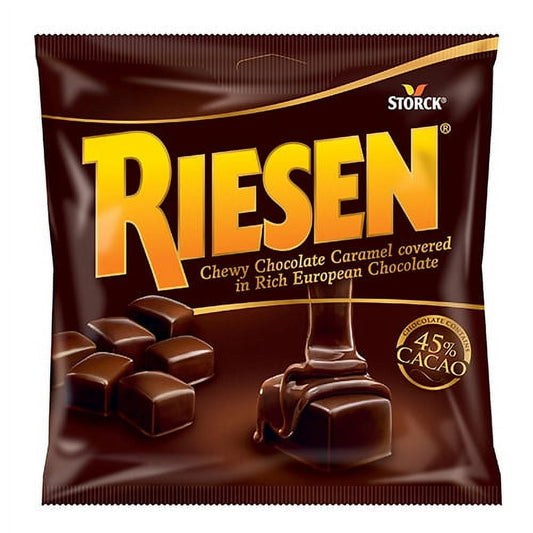 Covered in rich European chocolate. For double chocolate indulgence that lasts and lasts, all you need is one good Riesen. Because under its rich European chocolate is delicious long lasting chewy chocolate caramel. Features Decadent dark chocolate caramel smothered in rich milk chocolate Amazing taste sensation of chewy chocolate and caramel Rich European chocolate 30 oz bagIngredients: Glucose Syrup (from Wheat or Corn), Semi,Sweet Chocolate (Sugar, Cocoa Liquor, Cocoa Butter, Butterfat, Soy Lecithin Emul