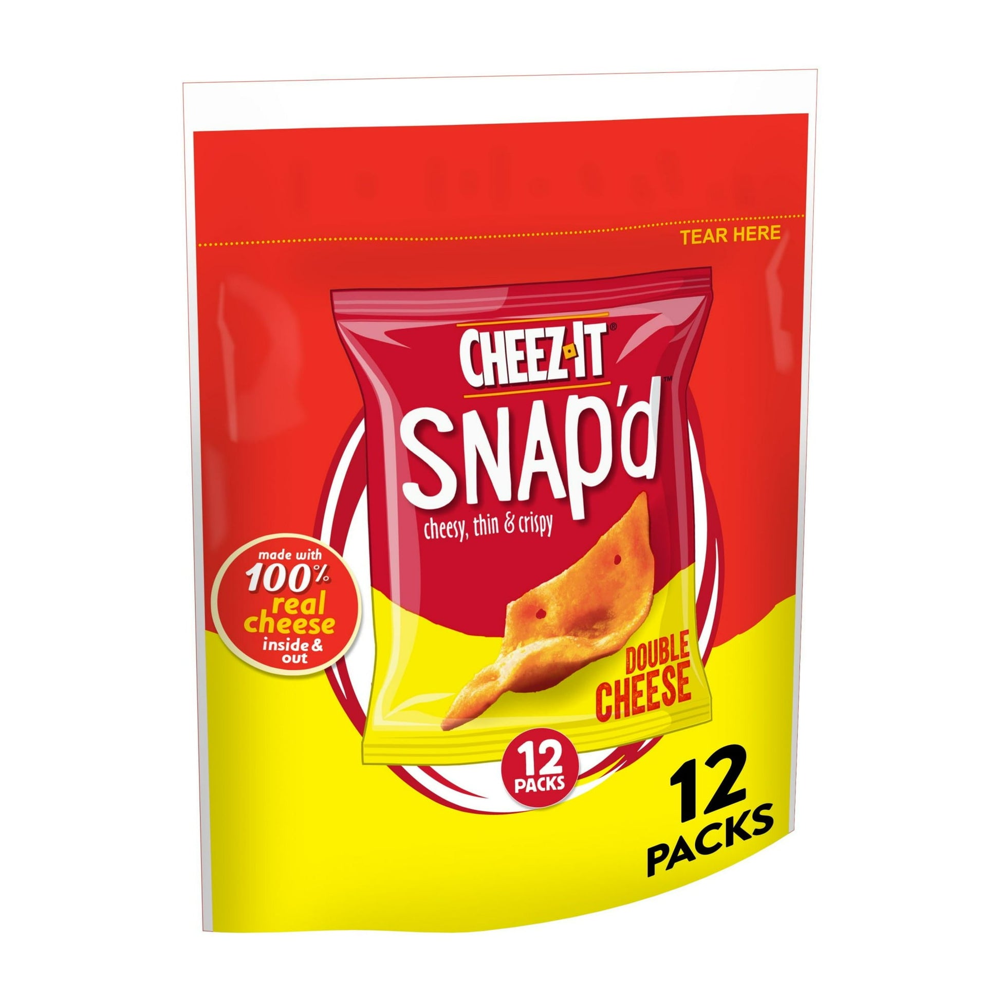 More cheese? Yes, please. We've turned cheesy snacking up a notch with Cheez-It Snap'd Double Cheese Cheesy Baked Snacks. Don't let these thin and crispy snacks fool you. They're loaded with incredibly big cheese ﬂavor. It comes from how we use 100% real cheese inside and out. First, we put real cheese into the recipe, then we bake each batch and sprinkle more real cheese on top. So you get Cheez-It Snap'd crackers that give you a deliciously satisfying flavor experience every time. Individually packed for 