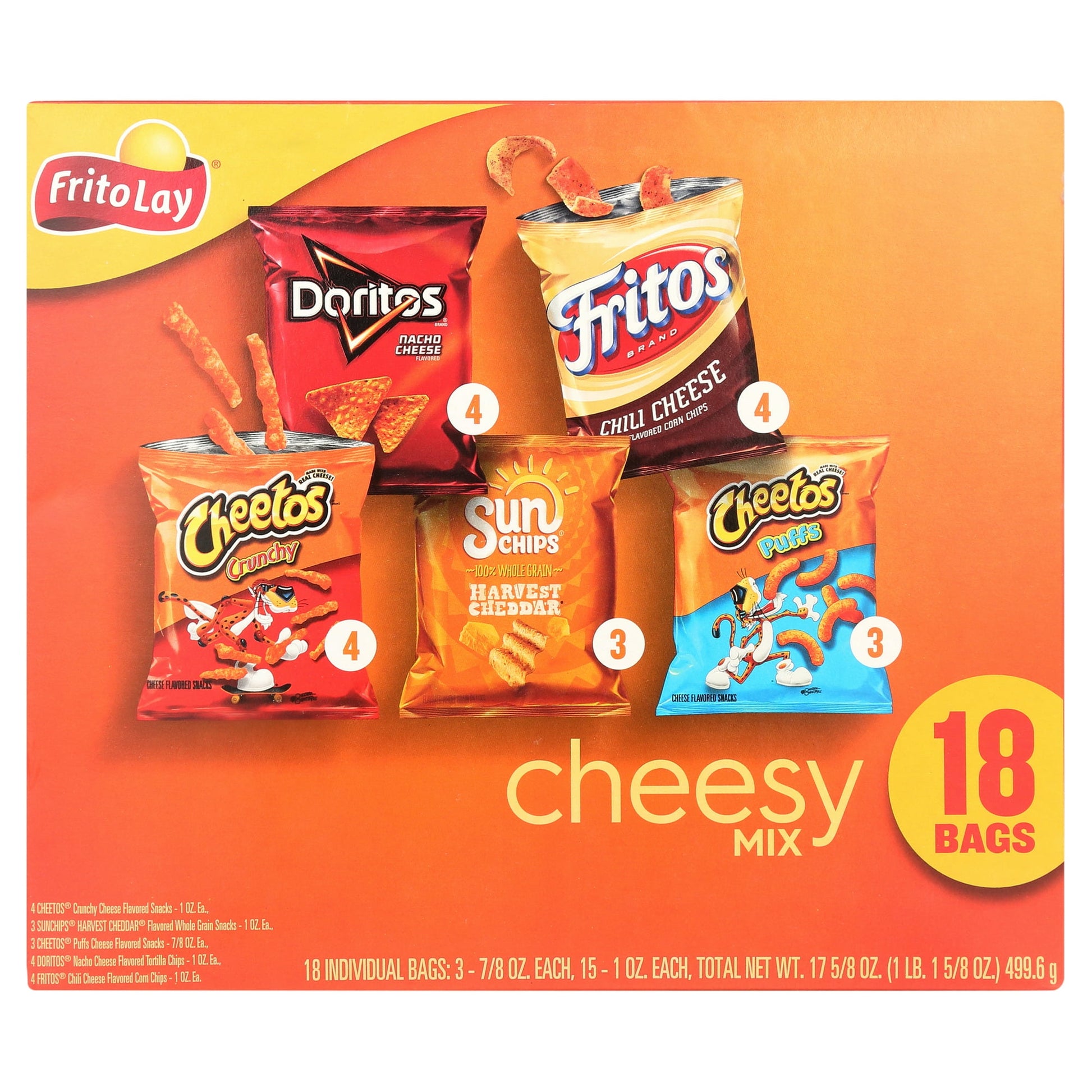 Frito-Lay Cheesy Mix Variety Pack, Frito-Lay Variety Packs provides the perfect portion size and variety to keep your entire family happy. No matter what the occasion from stocking the pantry, to your next family party, to the lunch box, or even a desk break, all you have to do is grab a pack and go! With a wide variety of flavors, there is something for everyone to snack on in an easy to grab, individual package.Shelf-Stable / Ambient. Multipack Retail Packaging. Frito-Lay Chips and Snacks. Perfect for on 