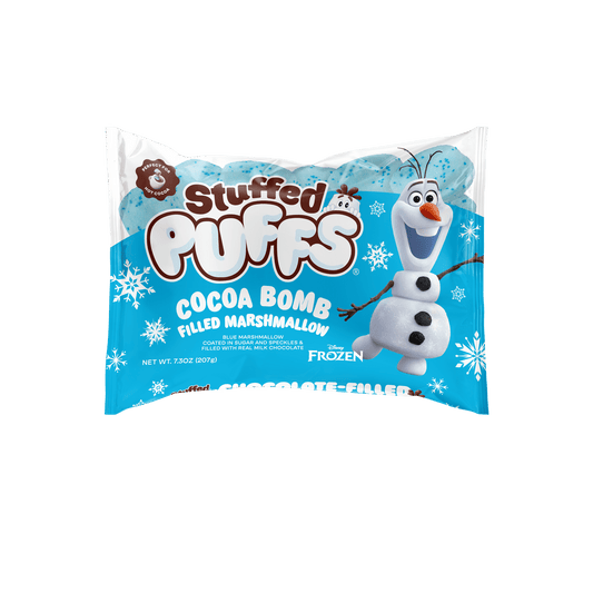 Stuffed Puffs Cocoa Bomb Filled Marshmallows are fluffy blue marshmallows filled with creamy milk chocolate, so you can take hot chocolate to the next level. They'll also make a perfect wintertime s’more or enhance your favorite rice crispy treat recipe! At Stuffed Puffs, we believe that Lifes More Fun Filled.