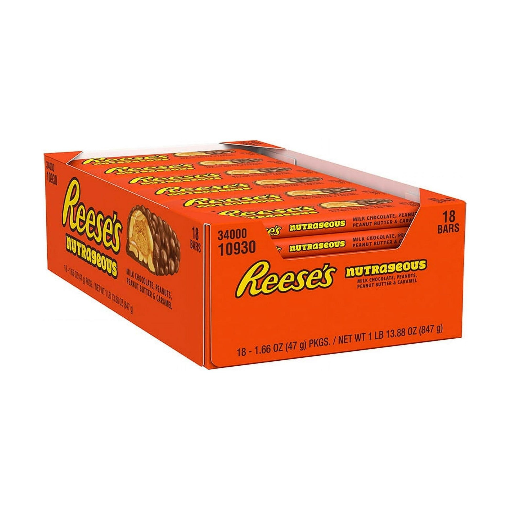 Let your taste buds rock out to a REESE'S NUTRAGEOUS Candy Bar, where REESE'S Peanut Butter takes center stage. There's nothing ordinary about this outrageously delicious jam session of peanut butter, roasted peanuts rolled in rich caramel, and HERSHEY'S Milk Chocolate!