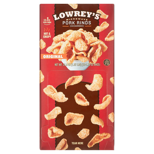 Lowrey's Bacon Curls Microwave Pork Rinds (Chicharrones), Original, 1.75 Ounce (Pack of 18) Perfect low-carb snack | High in protein | Contains only 1-gram of carbohydrates per serving | 60-percent less fat than other pork rinds | Eat them right from the bag or with your favorite sauce The Lowrey's Original Bacon Curls make the perfect low-carb snack. Not only are the bacon curls delicious, they are high in protein, and contain 60-percent less fat than fried pork rinds. To make, simply put the bacon curls i