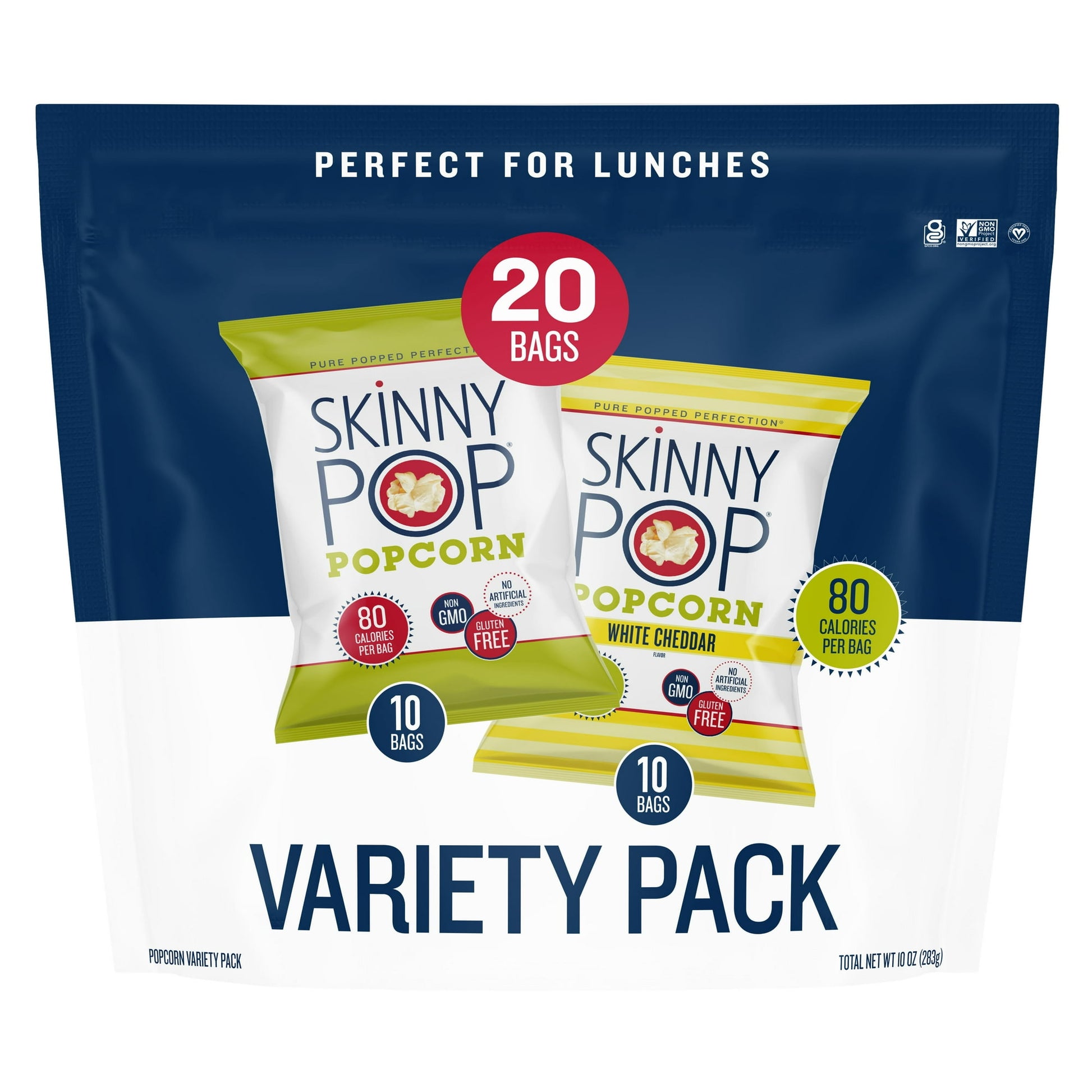 SkinnyPop Popcorn is perfectly salty, crunchy, and fluffy – you'll want to eat it by the handful or by the bagful! These 0.5-ounce snack-size bags of SkinnyPop Popcorn are perfect for snack essentials, lunch snacks, road trips, and more. This variety pack includes ten snack-size bags of SkinnyPop Original Popcorn and ten snack-size bags of SkinnyPop White Cheddar Popcorn. SkinnyPop starts with a premium popcorn kernel, sunflower oil, and the perfect amount of salt. From there, Pure Popped Perfection® says i