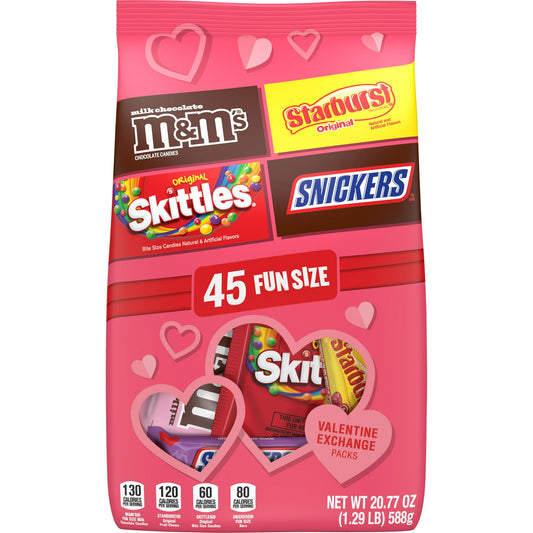 Variety is perfect for Valentine's Day! Our M&M'S, SNICKERS, SKITTLES, and STARBURST Valentine's Day Variety Candy Bag is a delicious way to say 'I love you' to those who matter most. Each bag is filled with 45 individually wrapped milk chocolate and fruity classics, including SKITTLES Chewy Candy, SNICKERS Candy Bars, STARBURST Original Chewy Candy, and M&M'S Milk Chocolate Candy packs. Ideal not just for Valentine’s Day party favors or for filling your heart-shaped candy bowls at the office, but also perf