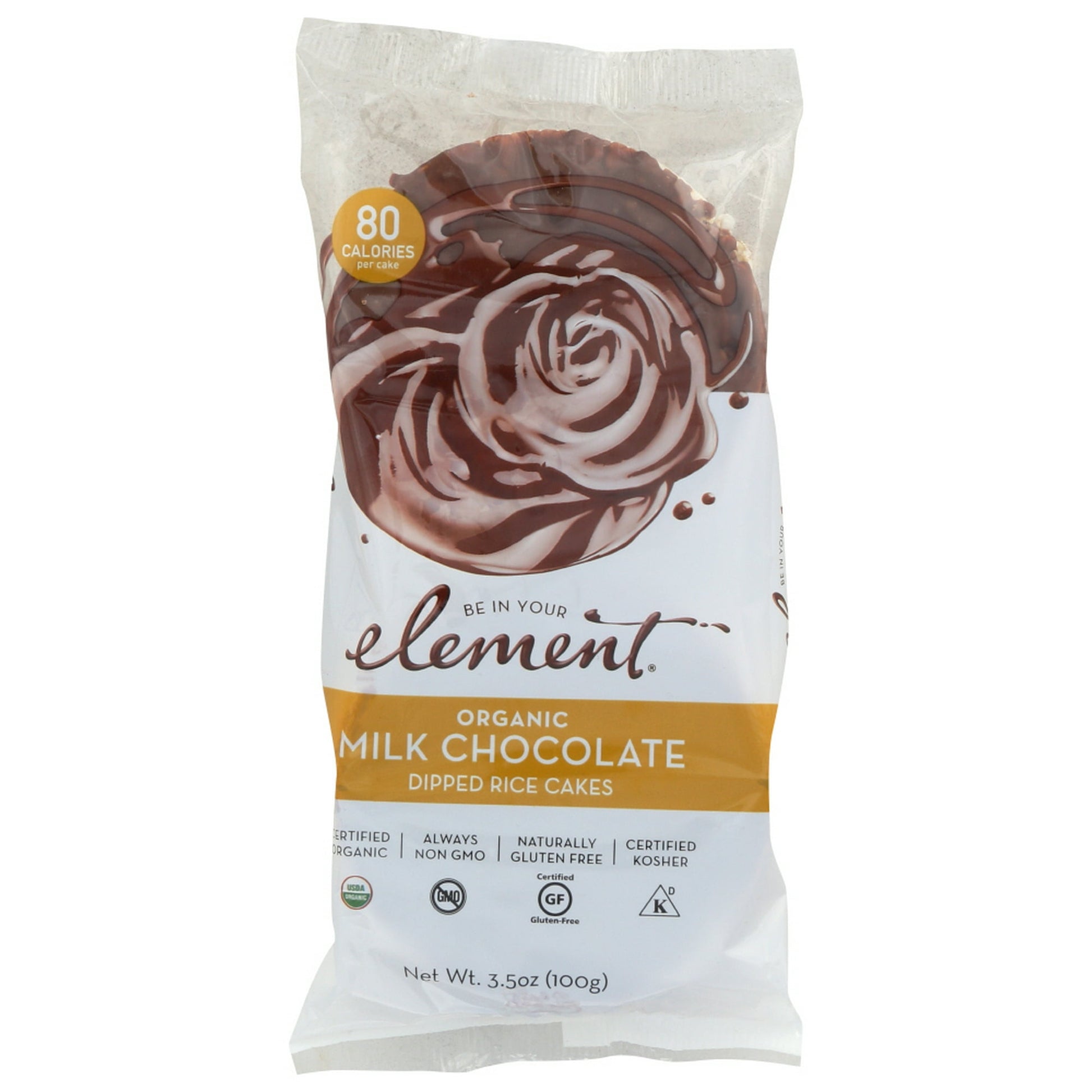 ELEMENT ORGANIC MILK CHOCOLATE DIPPED RICE CAKES ARE NATURALLY GLUTEN-FREE AND ALWAYS NON-GMO. WE USE THE SIMPLE INGREDIENTS OF ORGANIC MILK CHOCOLATE AND ORGANIC RICE TO CREATE THIS READY-TO-EAT SNACK. EACH SERVING CONTAINS 80 CALORIES. INCLUDES ONE 3.5 OZ. PACKAGE OF ELEMENT ORGANIC MILK CHOCOLATE DIPPED RICE CAKES. SEE NUTRITION FACTS PANEL FOR ALLERGENS. WE BELIEVE IN SUPPORTING SMALL-SCALE FARMS AS AN ECOLOGICAL, ECONOMIC AND HUMAN ASSET. OUR WAY TO HEALTHY EATING IS MEETING NUTRITIONAL NEEDS THROUGH C