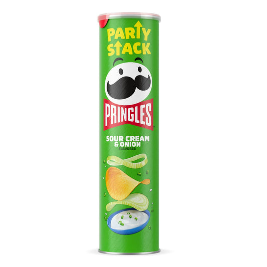 What comes next after the “pop” of a Pringles Sour Cream and Onion Party Stack can? The crisp, crunchy, hit-the-spot taste of potato seasoned with zesty sour cream and onion. Ingeniously shaped Pringles Sour Cream and Onion potato crisps are insanely light, crispy, and never greasy. Perfect for sharing, these crisps chips are perfectly salty and bursting with savory flavor. With this convenient, portable can, it’s easy to create your own snacking moments wherever and whenever; Grab a can as a pick-me-up for