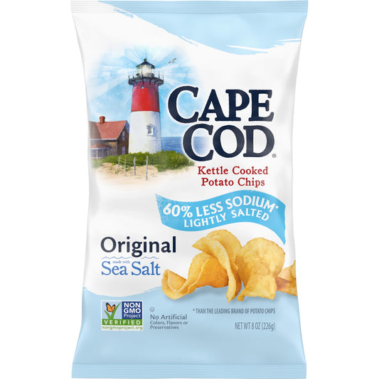 If our Lightly Salted potato chips taste familiar, there's a good reason. We use the same refreshingly simple recipe as our original Cape Cod chips: thick-sliced potatoes cooked with vegetable oil in custom kettles at just the right temperature to give them a tantalizing golden color. The difference? We add less salt, so every chip delivers a hearty, delicious crunch with 60% less sodium than the leading brand of regular potato chips. Shelf-stable product.