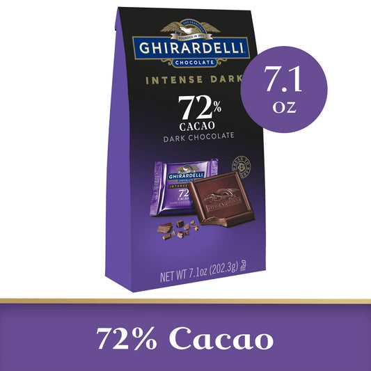 Each intensely delicious square of GHIRARDELLI Intense Dark 72% Cacao Chocolate caters to your senses. Indulge in the rich chocolate intensity after dinner, or serve GHIRARDELLI Intense Dark chocolate squares at your next gathering to create the ultimate moment of sheer delight for your guests. Savor the indulgent taste of the finest cacao beans skillfully blended to create subtle yet irresistible flavors of mocha, ripe blackberry and succulent cherry, creating a rich chocolate taste in each dark chocolate 